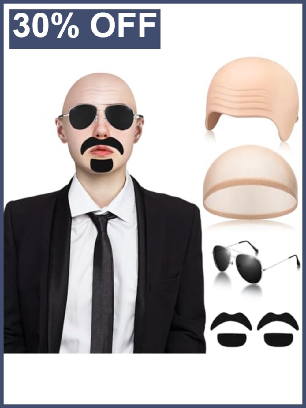 Bald Cap Wig Cap Glasses Mustache Costume Set Adult